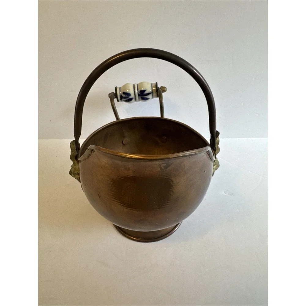 Copper Brass Coal Scuttle/Ash Bucket w/Porcelain Cherub Face 8